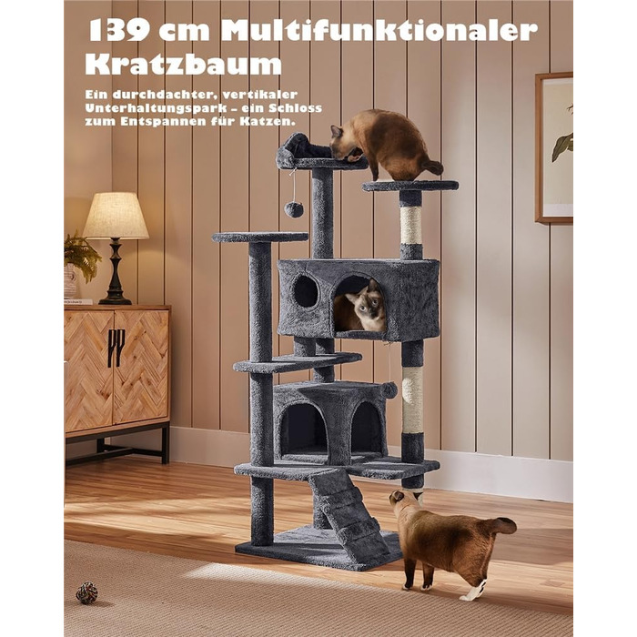 Дерево-стійка для котів Yaheetech 139 см, з 3 платформами, 3 стовпчиками для шліфування, 2 будиночками, м'ячиками, сірого кольору