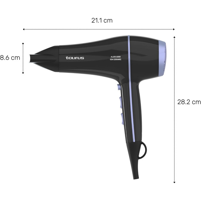 Фен Taurus Alize 2200 з іонізацією та керамічним покриттям | 6 режимів, холодний потік, концентратор та дифузор | Чорний