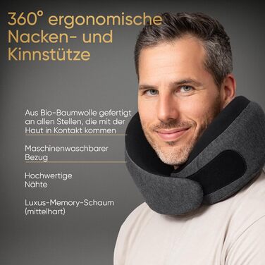 Подушка для подорожей Proglobe Luxe з піни Memory Foam (чорний). Комфортна подушка під шию для літаків з підставкою під підборіддя, компресійним мішком.