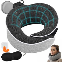 Подорожний набір 5 в 1: Ергономічна подушка для шиї з ефектом пам'яті (Memory Foam), маска для сну 3D, беруші та сумка, сіра