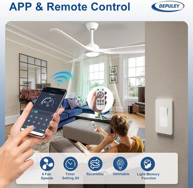 Depuley Потолочний вентилятор з підсвічуванням для вулиці: LED лампа з вентилятором для саду, тераси - 132см, з пультом керування, для вітальні, ресторану, офісу (Білий, 52 дюйми)