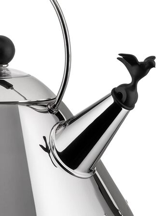 Alessi Water Kettle with Handle, Stainless Steel, Bird-Shaped Whistle from PA, Black, Silver, 8.5 x 25 x 10.5 cm, 9093 B 2 Liter Silver