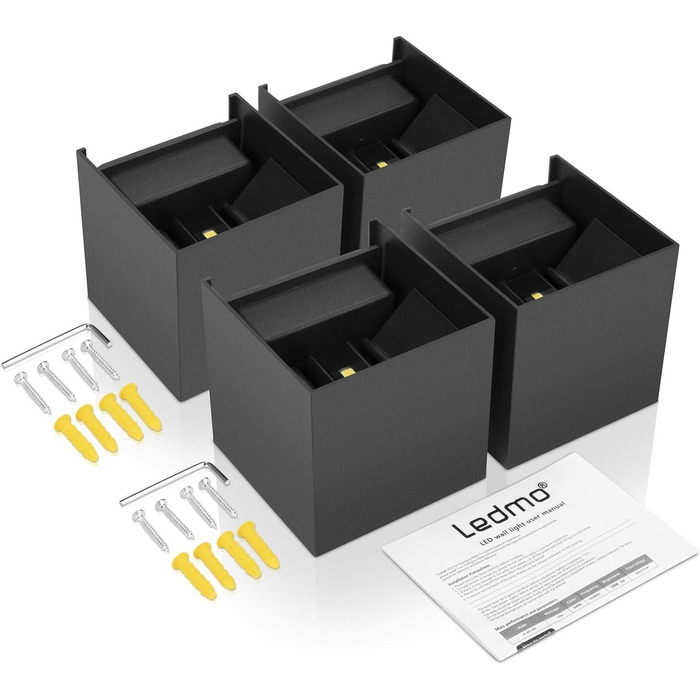 LED-стінні світильники 4 шт. для внутрішнього та зовнішнього використання, регульований світловий промінь, IP65, тепле біле світло, 12W, чорний колір
