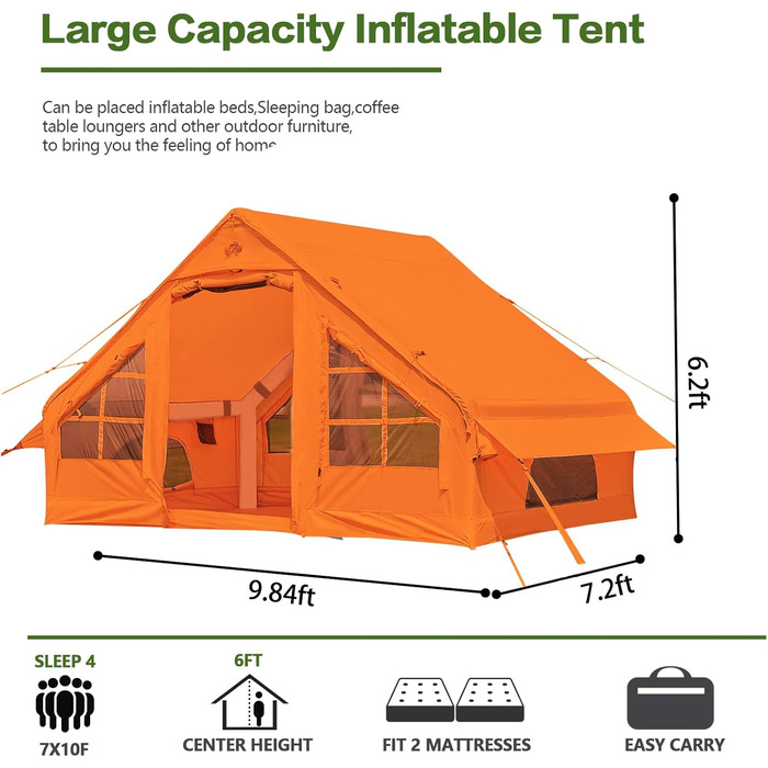 Надувний кемпінговий намет Glamping для 4 осіб, помаранчевий - 2025, з москітною сіткою та захистом від дощу