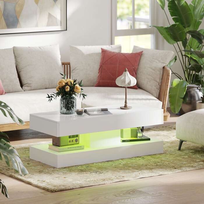HOMCOM Living Room Coffee Table with Drawers and LED Lights, Modern Sofa Table with Open Storage, Coffee Table, Particleboard, White