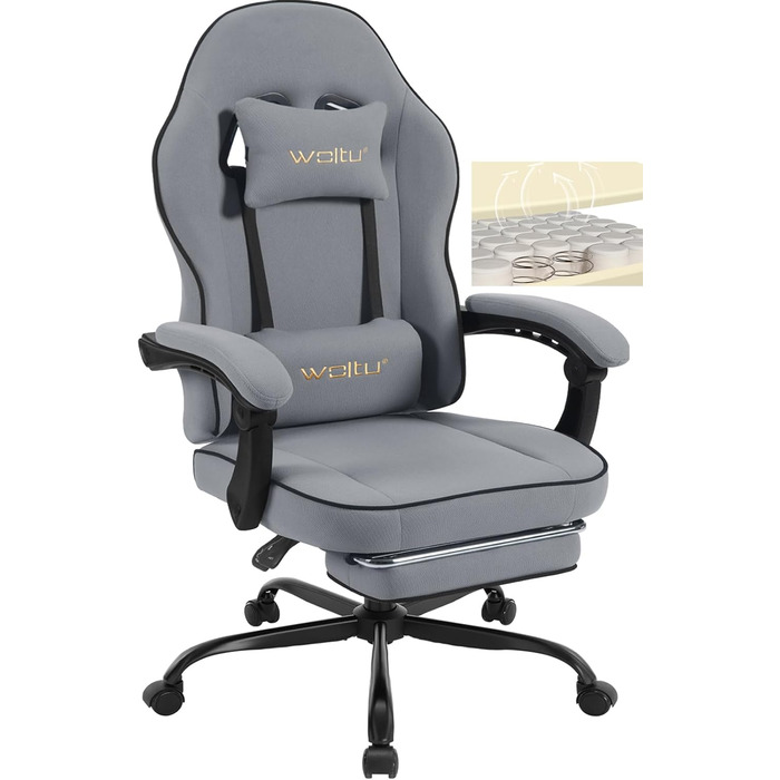 WOLTU Gaming Chair with Pocket Spring Cushion, Gaming Recliner with 330 lb Weight Capacity, Ergonomic Swivel Chair, Gamer Chair with Headrest, Lumbar Pillow, Footrest, Mesh Fabric, Grey, GS11gr Grey+Black Mesh Fabric