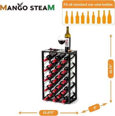 Винна полиця Mango Steam на 23 пляшки з верхньою скляною полицею, чорна