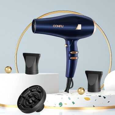 Фен CONFU Profi з іонами, 2400W, з насадкою-дифузором та стайлінговою насадкою, 2 швидкості, 3 режими нагріву, AC мотор, для салону та дому (зелений, темно-синій)