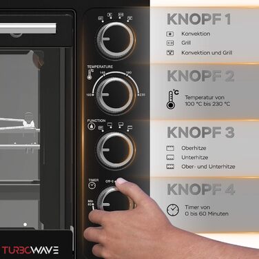 Міні-піч TurboTronic 35л з конвекцією, чорна, 1600W, з 2 дека, таймером, функцією грилю та піци
