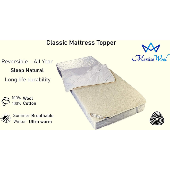 Lambswool mattress topper underblanket, 100% Merino wool, WOOLMARKED, underblanket 90 x 200 cm