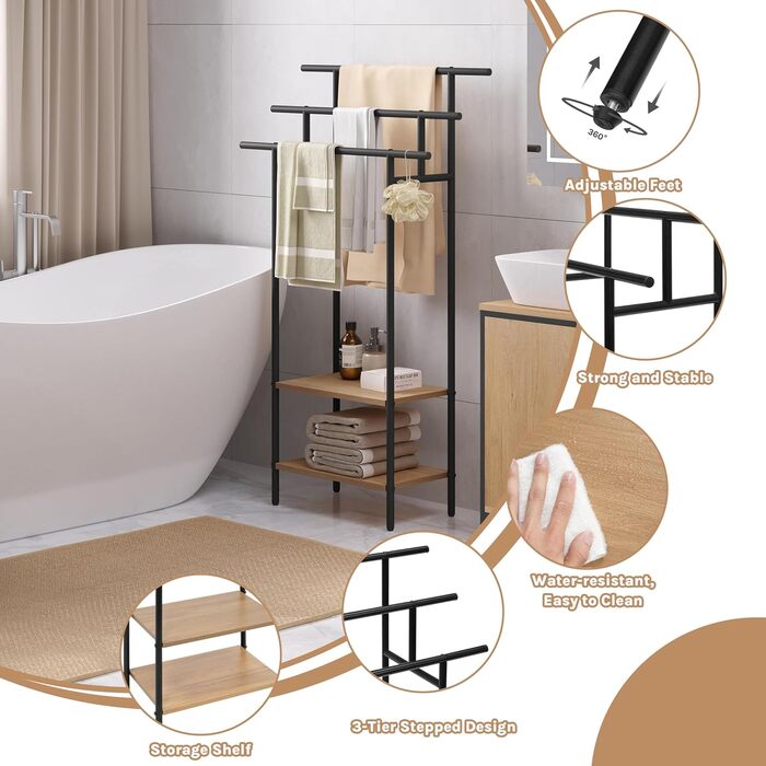 Стійка для рушників EUGAD з 3 полицями, чорна, з металу та ДСП, для рушників та одягу