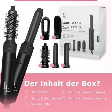 Набір для укладки волосся 5 в 1 Warmluftbürste: фен-щітка, локонова насадка, 3 температурні режими, Auto-Wrap, негативні іони, 1000 Вт, захист від пошкодження волосся (білий/чорний)