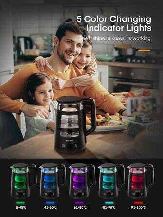 Electric Kettle with Temperature Control - 1.7L Glass Kettle with Keep Warm Function, 2200W Fast Boil, Auto Shut-Off & Dry Boil Protection, 5 Color LED Lights - Black