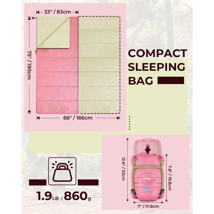 Ohuhu Lightweight Sleeping Bag - Compact & Ultralight (900g) Summer Sleeping Bag for Camping, Travel, Festivals (Pink)