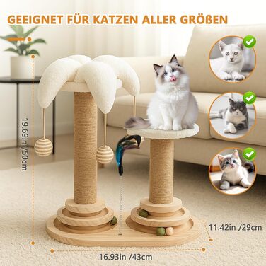 Інтерактивна іграшка для котів 6 в 1: дерев'яний комплекс з кульками, пір'ям, м'ячиком-трекером, когтеточкою з сизалю та джуту. Підходить для котів середніх та маленьких порід (білий)