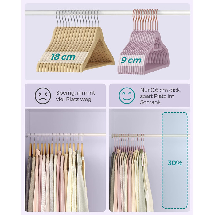 Плечики SONGMICS для одягу, 50 шт., велюрові, антиковзаючі, для краваток, 360° обертання, 0,6 см, економія місця, 43,5 см, для пальто, штанів, срібно-білі