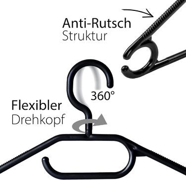 Hausfelder 30 Clothes Hangers, Ironing Set, Black Plastic Hangers, Swivel Hook, 30 Pieces