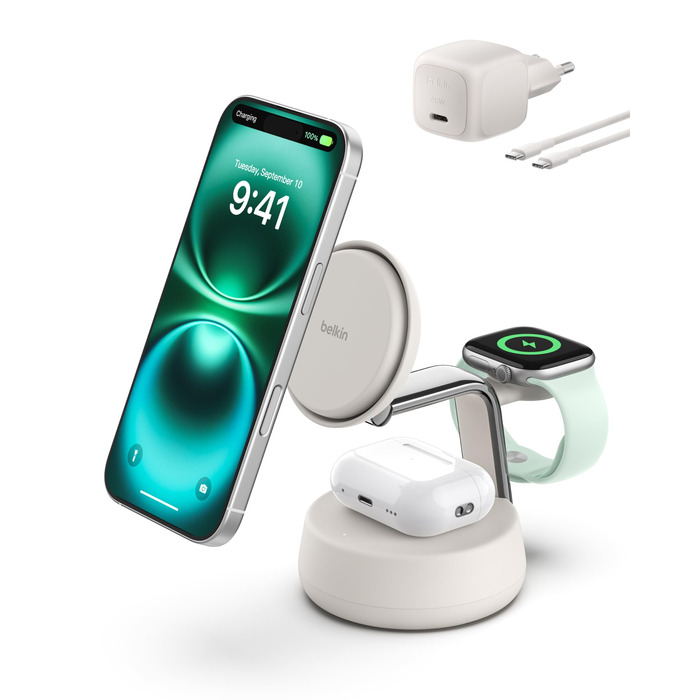 Беспроводное зарядное устройство Belkin UltraCharge Pro Qi2 3-в-1, 25W, MagSafe сумісне для iPhone, Apple Watch, AirPods, адаптер 45W, пісочний колір