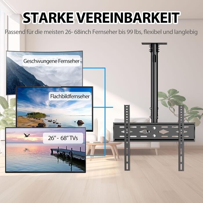 Кронштейн для телевізора на стелю 26-68 дюймів, поворотний, нахильний, до 45 кг, VESA 400x400, регульована висота