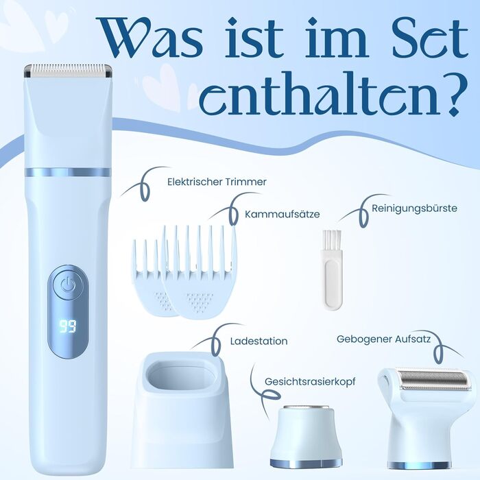 Електричний жіночий триммер 3-в-1 для тіла та інтимної зони з LED-дисплеєм, IPX7, USB, (Блакитний)