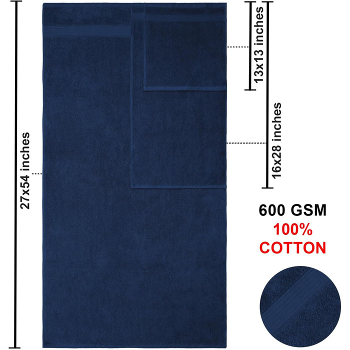 Набір махрових рушників для ванни American Bath Towels з 100% бавовни, ультрам'які та гігроскопічні, 6 предметів (2 банні, 2 для рук, 2 маленькі), темно-синій, XL