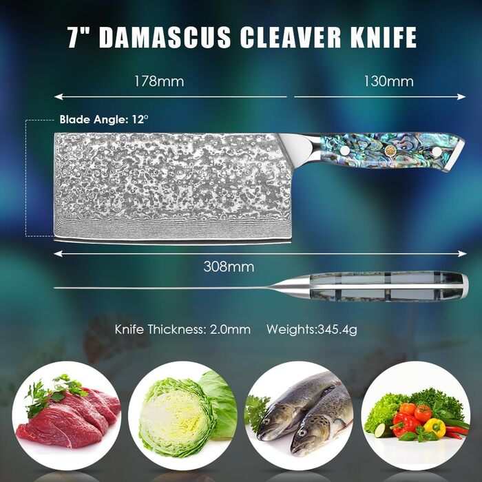 Ніж кухарський Дамаск з лезом 17.8 см, VG-10 сталь, ручка з мушлі Абалоне, подарункова коробка