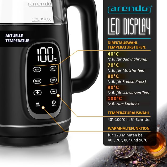 Електричний чайник Arendo зі скляною колбою, регулюванням температури, нержавіючою сталлю, подвійними стінками (Cool Touch), дисплеєм, бездротовим підключенням, 2200 Вт, 1,7 л, захистом від перегріву, функцією підтримання тепла, чорний