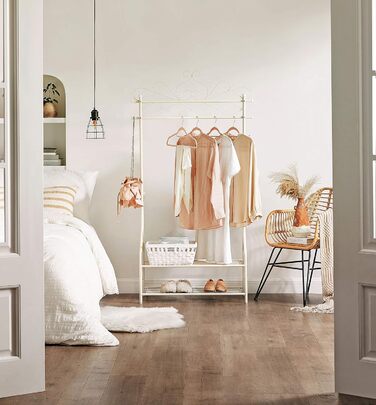 SONGMICS Vintage Style Clothes Rack Wardrobe Clothes Rail with Clothes Rod and 2 Shelves made of Metal 92 x 173 x 41 cm (W x H x D), Cream White, HSR07W