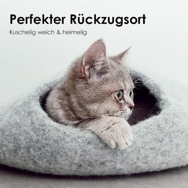 Преміум лежак-купол для котів LucyBalu з вовни, фетровий, ручна робота, 45x45x28 см, світло-сірий, натуральний матеріал, для відпочинку та сну котів