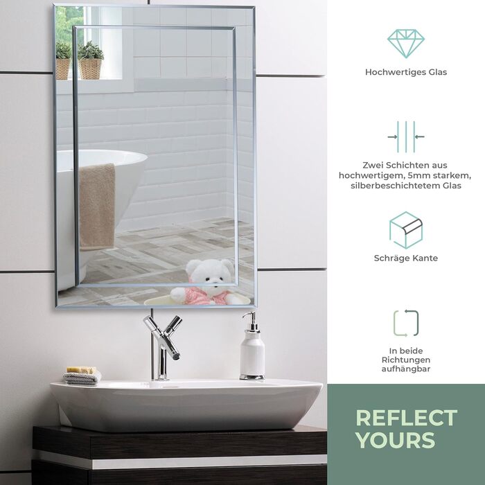 Сучасний прямокутний дзеркало для ванної кімнати, 50x40 см, з закругленими краями, настінний, 2 шари скла