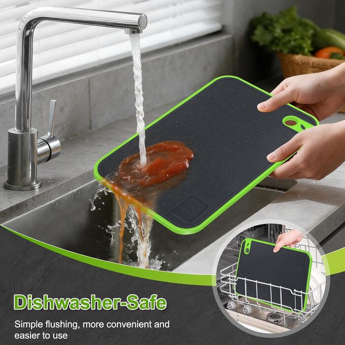 Набір з 3 дощок для нарізання з пластику, кухонні дошки з антибактеріальним покриттям, неслизькі з жолобом для соку та пресом для часнику (червоний, жовтий, зелений)