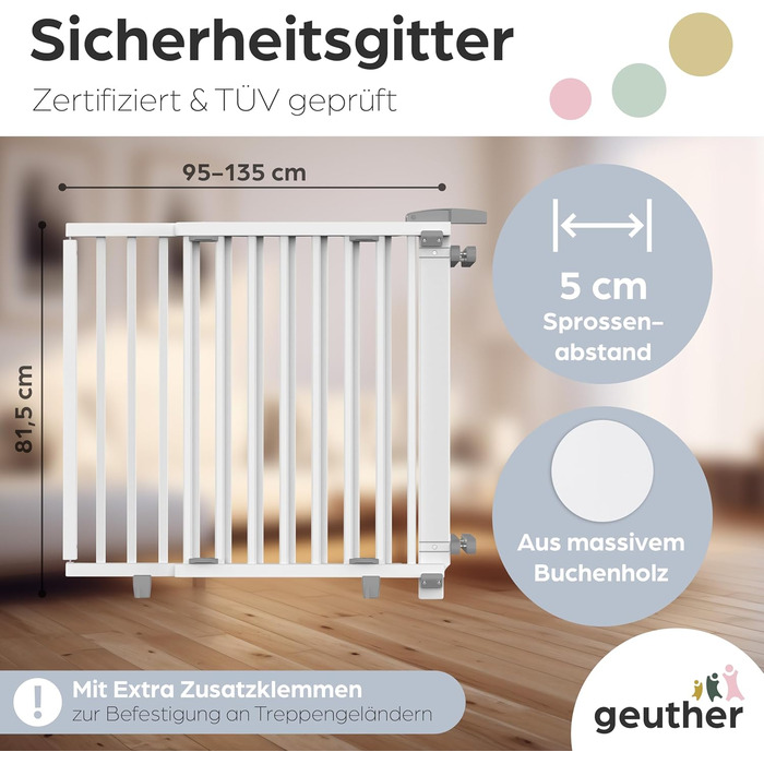 Захист для сходів Geuther Oris | Дверний захист для сходів з кріпленням, 2 клямки для поручнів, ширина | Стабільний захист з розпадною дверцятами | Дерев'яне дитяче гiтер, натуральний лак (білий, 95-135 см)