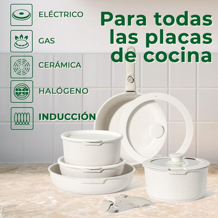 Набір кухонного посуду Just Perfecto 18 предметів з антипригарним покриттям, знімні ручки, для всіх типів плит (індукційні), без PFOA (Бежевий)