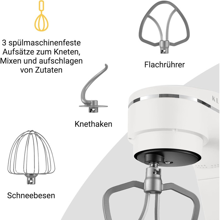 KLAMER 1800W Stand Mixer - Stainless Steel Bowl 6L, 10 Speed Settings, Timer, Planetary Mixing, Dough Hook, Whisk & Beater - White