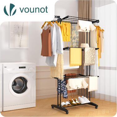 Вounot® Сушарка для білизни Торгова вежа, 4 яруси, компактна, складна, з колесами та бічними крилами, сушильна вежа для дому та вулиці, 125x62x173 см, чорна