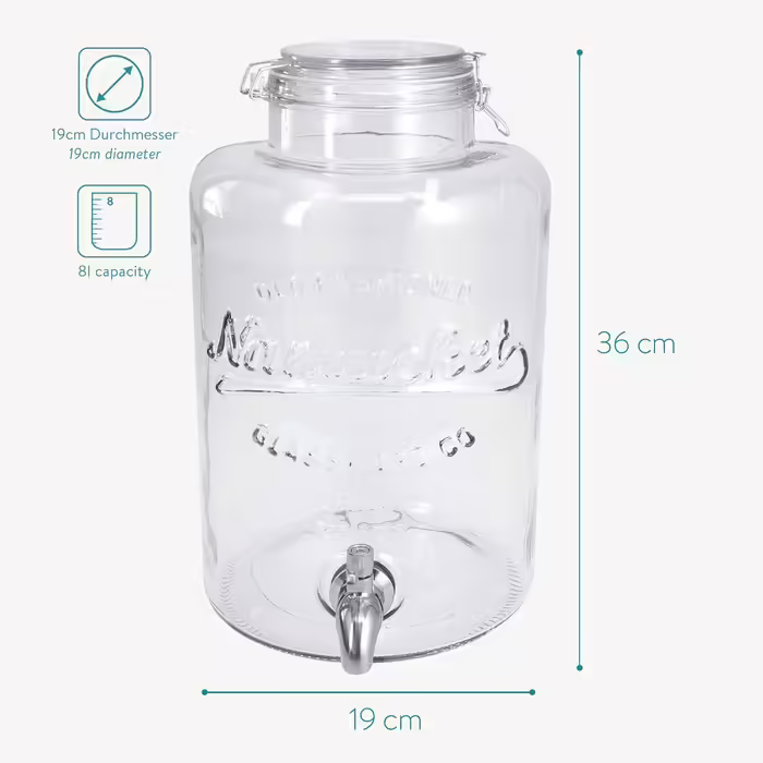 Navaris 8-Liter Glass Drink Dispenser - Stainless Steel Tap and Clamp Closure - Glass Beverage Container for Cold Drinks