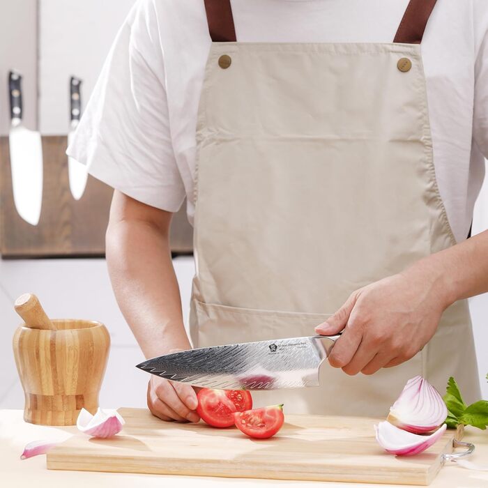 Японський ніж WILDMOK Santoku 20см з дамаської сталі, VG10, ручка з червоного армована синтетичний матеріал
