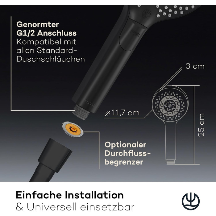 KLUDI-X3 Universal Shower Head with Hose, Shower Spray Optional - Water-Saving with 3 Spray Patterns (Body, Hair, Skin), Easy-to-Clean Shower Head Ø 11.7 cm, Shower Hose 1.60 m (3 Spray Patterns, Matte Black)