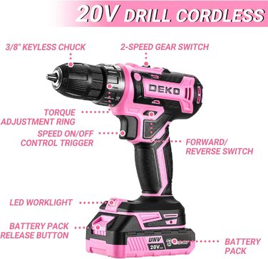 Акумуляторний шурупокрут DEKOPRO 20V 40 Nm: комплект з 2 акумуляторами, LED, 18+1 момент, для дому та DIY, рожевий