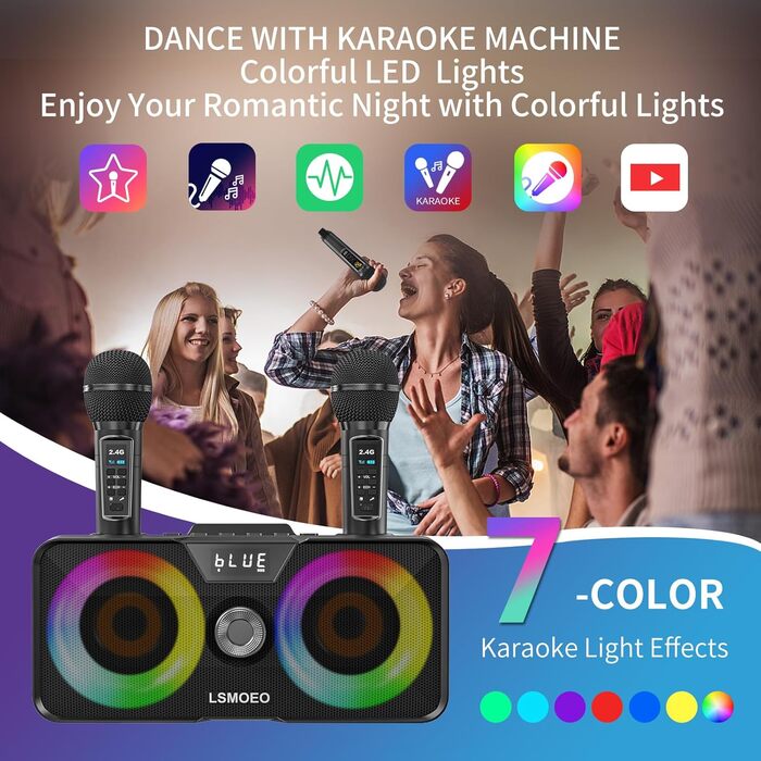 Портативна караоке-машина з Bluetooth, 20W, 2 бездротові мікрофони, PA-система для дому, вечірок, церкви, пікніка, на відкритому повітрі, чорний
