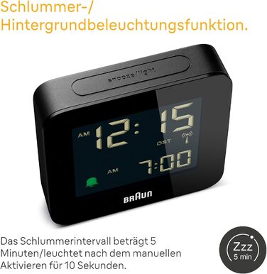 Braun Digital Radio Alarm Clock Central European Time (CET) with Snooze Function, Negative LC Display, Quick Set Function, Crescendo Alarm in Black, Model BC09B-DCF.