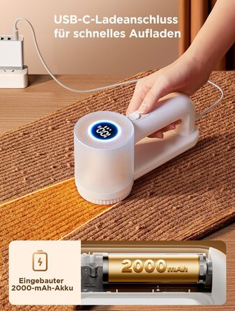 Електричний видальник ворсу 2-в-1 з трьома швидкостями для всіх тканин, з цифровим дисплеєм, 3 леза, USB-C кабель (Білий)