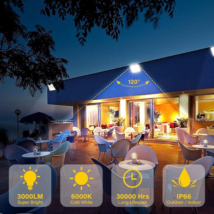 RIGIDON 2x 75W LED Floodlights Outdoor, 7500LM Outdoor Floodlight, 6000K Cool White IP66 Waterproof LED Floodlight Spotlight Floodlight, Outdoor Light for Garden, Courtyards, Garage, Hotel, Sports Field, Workshop (2 x 30W)