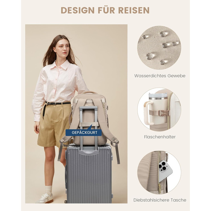 Рюкзак ручної поклажі LOVEVOOK 40x30x20, 24L для жінок, підходить для Ryanair, Eurowings, Wizz Air, Khaki Beige