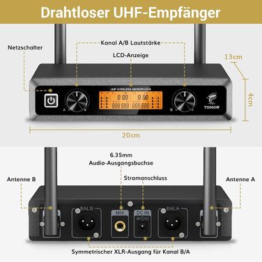 TONOR Бездротовий мікрофонний комплект з 4 каналами UHF: ручний, нагрудний, гарнітурний, лавел'єрний. Дальність дії 90м. Підходить для співу, караоке. 2 ручні мікрофони та 2 кишенькові передавачі