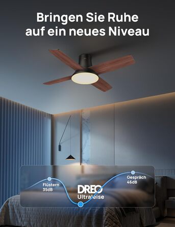 Стеляний вентилятор Dreo з підсвічуванням та пультом керування, 112 см (44 дюйми), плоский, чорний, реверсивний, 5 лопатей, 6 рівнів регулювання яскравості, 6 швидкостей, тихий, з таймером, легка установка для спальні