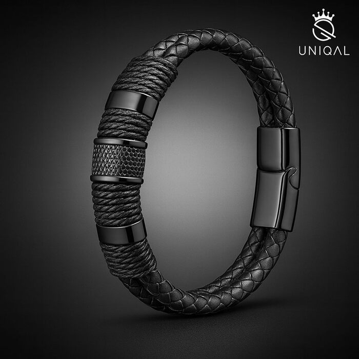 Чоловічий браслет UNIQAL з натуральної шкіри та нержавіючої сталі 'Premium Style' | Чорний колір, 23 см | Безкоштовна коробочка