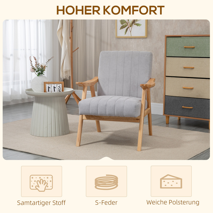 HOMCOM Ear Chair Upholstered Chair with Armrests Lounge Chair Relax Chair Scandinavian Design Rubberwood Legs Light Grey for Living Room & Relaxation