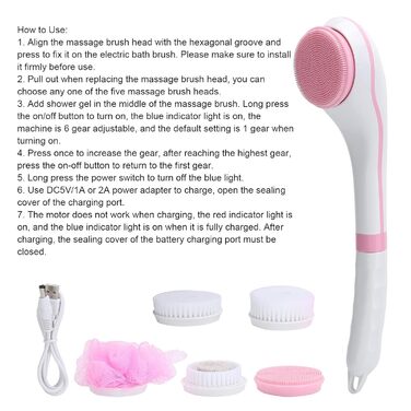Electric Body Scrub Brush with USB Charger, 6 Speed Adjustable Body Brush Set Shower Brush Back Scrubber Multifunction Long Handle Massager, Long Handle for (Pink)