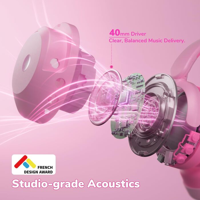 iClever Бездротові навушники з шумозаглушенням для дітей Bluetooth, 60 годин роботи, 80дБ безпечний рівень гучності, зручна посадка, Bluetooth 5.4, AUX кабель для подорожей, білий, зелений, рожевий (C Рожевий)